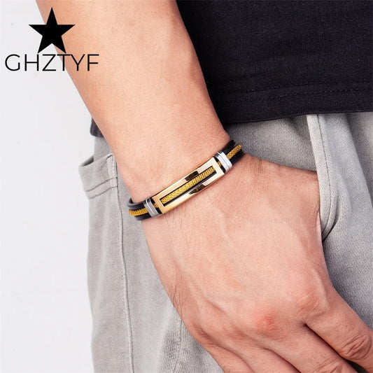 Golden Chain Stainless Steel Bracelets for Men Women Teens Black Rubber Belt Wristband Cuff Bangle Male Hand Jewelry Gifts
